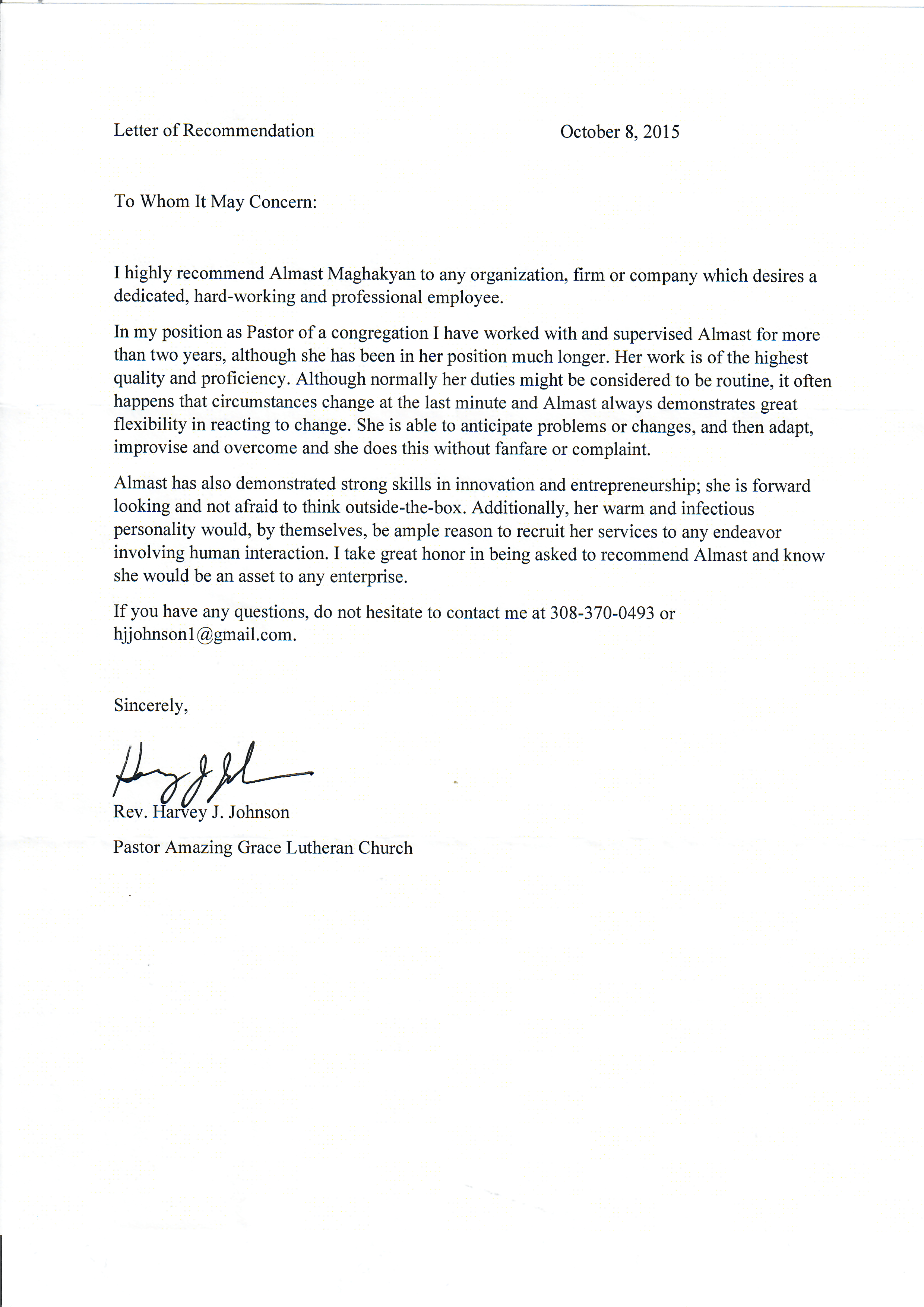 Recommendation letter from Harvey J. Johnson, Pastor, Amazing Grace Lutheran Church, San Antonio, Texas