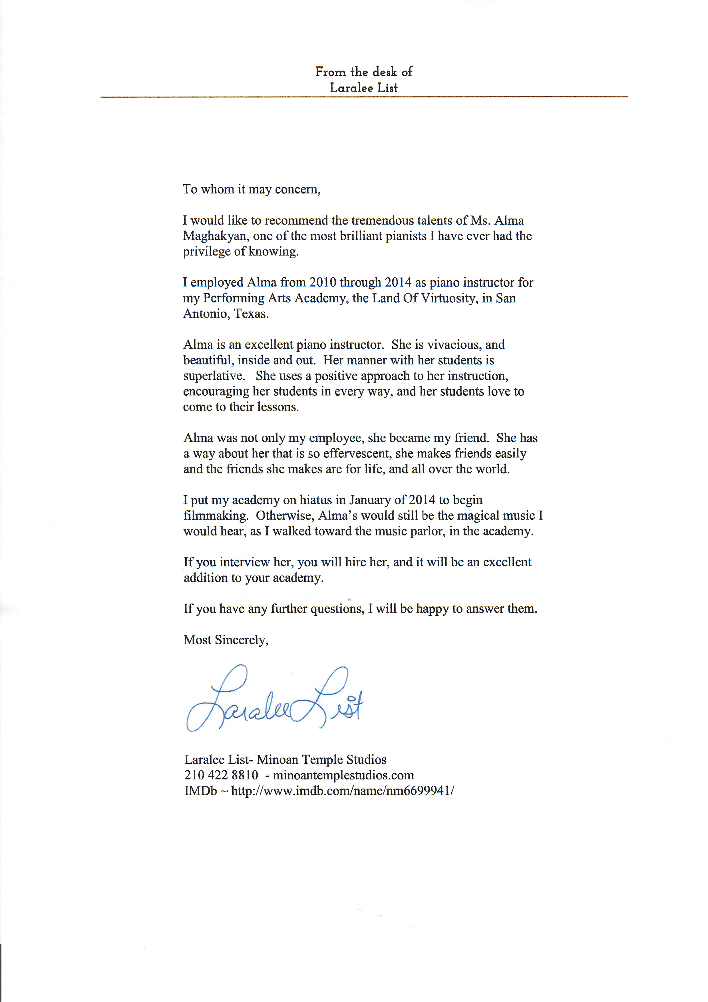 Recommendation letter from Laralee List, The Land of Virtuosity, San Antonio, Texas
